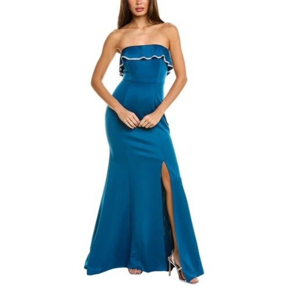 RENE RUIZ Teal Blue Strapless Ruffle Gown Dress Formal Gala Bridesmaid NWT 18